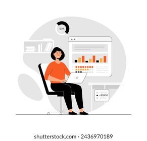 Digital business concept. E-commerce company development, financial data analysis and planning. Illustration with people scene in flat design for website and mobile development.