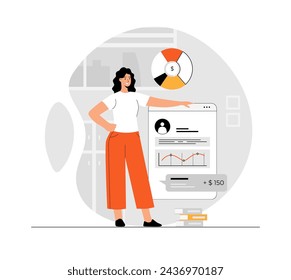 Digital business concept. Expert analyze virtual data. Management, planning, strategy development online. Illustration with people scene in flat design for website and mobile development.