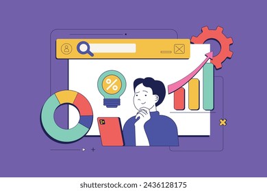 Digital business concept in flat neo brutalism design for web. Man makes data analysis, investing money, advertising, attracts clients. Vector illustration for social media banner, marketing material.