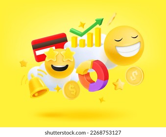 Digital business concept with icons and emojis. 3d vector illustration