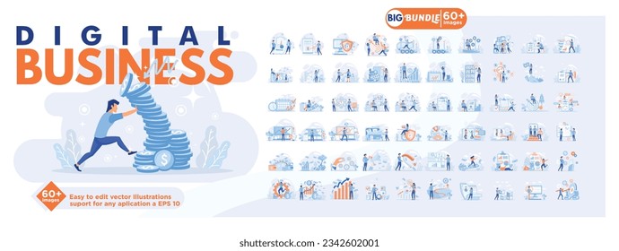 Digital business concept illustration, collection of male and female business people scenes in the digital business scene.  mega set flat vector modern illustration