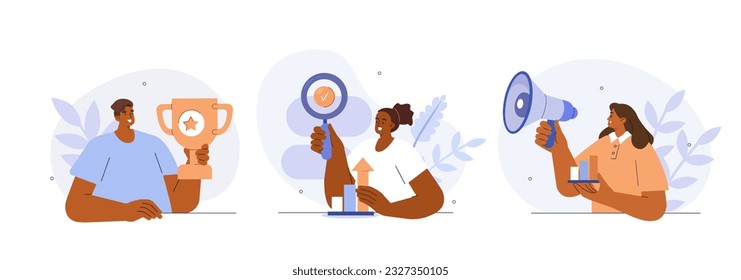 Digital business concept illustration. Collections of men and women setting goals, objectives, successfully accomplish achievement and receiving reward. Vector illustrations set