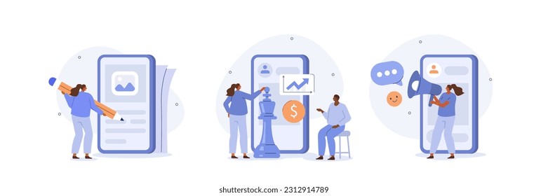 Digital business concept illustrations. Collections of people working together on content marketing, targeting and other social media business activities. Vector illustration.