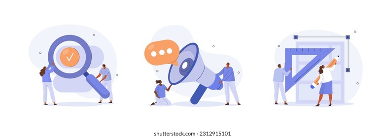 Digital business concept illustrations. Collections of people working together on content marketing, seo strategy and other business activities. Vector illustration.