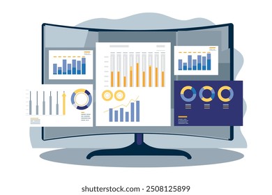 Digital business concept illustrations. Collections of people working together on project. Analytics team analyzing report, graphs, charts and other business data. Vector illustration.
