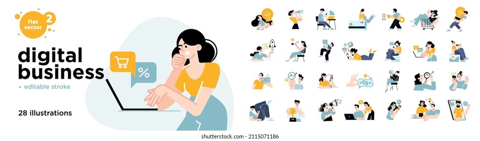 Digital business concept illustrations. Set of flat design vector illustrations of men and women in various activities of online business, e-commerce, communication, marketing. 