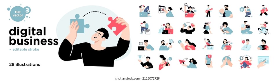 Digital business concept illustrations. Set of flat design vector illustrations of men and women in various activities of online business, e-commerce, communication, marketing. 