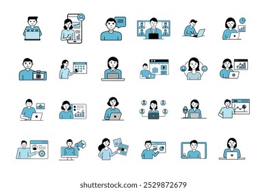 Digital business concept illustrations. Set of illustrations of men and women in various activities of online business, communication, marketing 