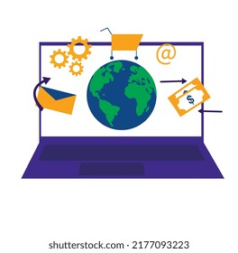 Digital business concept. Internet shop. Working online. Laptop isolated.