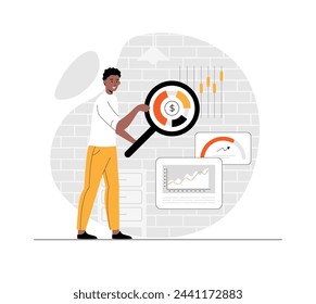 Concepto de negocio digital. Muchos analizan datos virtuales. Gestión, planificación, desarrollo de estrategias en línea. Ilustración con escena de personas en diseño plano para desarrollo web y móvil.	
