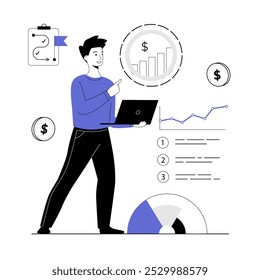 Concepto de negocio digital. Muchos analizan datos virtuales. Gestión, creación de estrategia de desarrollo e inversiones. Ilustración vectorial con gente de línea para el Diseño web.	
