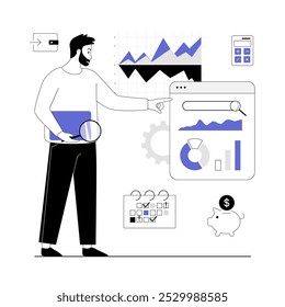 Digital business concept. Man researching statistics, brainstorming and using marketing tools. Vector illustration with line people for web design.	