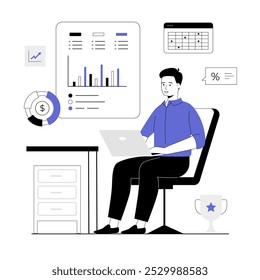 Digital business concept. Man work with charts and graphs. Management, planning, strategy development online. Vector illustration with line people for web design.	
