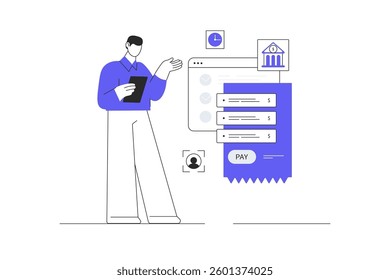 Digital business concept. Man work with virtual transactions. Management, planning, banking online. Flat Cartoon Vector Illustration, icon. Stylish abstract design web
