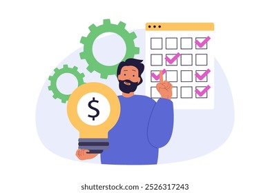 Digital business concept in modern flat design for web. Man creating content plan in calendar, analyzing and improving strategy, using marketing tools for developing company. Vector illustration.