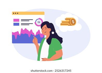 Digital business concept in modern flat design for web. Woman analyzing financial graph and sales chart, improving strategy, using marketing tools for promotion online company. Vector illustration.