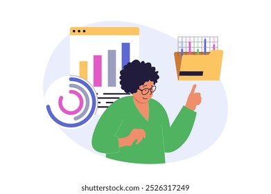 Digitales Geschäftskonzept im modernen Flachdesign für Web. Frau arbeiten als Analystin und macht finanzielle Wachstum Graph Forschung, Förderung Online-Shopping-Shop mit Erfolgsstrategie. Vektorgrafik.