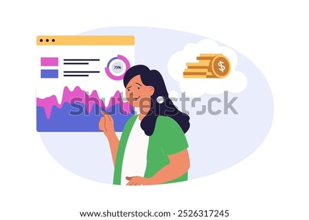 Digital business concept in modern flat design for web. Woman analyzing financial graph and sales chart, improving strategy, using marketing tools for promotion online company. Vector illustration.