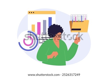 Digital business concept in modern flat design for web. Woman work as analyst and makes financial growth graph research, promoting online shopping store with success strategy. Vector illustration.