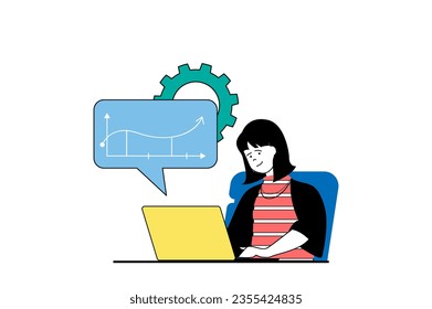Digital business concept with people scene in flat web design. Woman researching statistics, brainstorming and using marketing tools. Vector illustration for social media banner, marketing material.