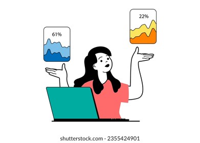 Digital business concept with people scene in flat web design. Woman compares sales performance of company and analyzing statistics. Vector illustration for social media banner, marketing material.