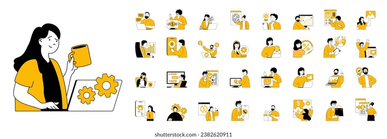 Digital business concept with people situations mega set in flat web design. Bundle scenes of online chats, marketing, e-business. Vector illustrations for social media banner, marketing material.