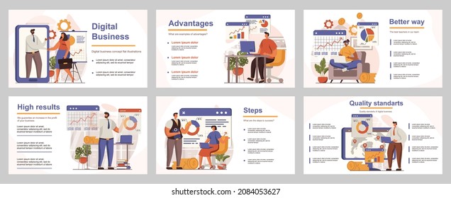 Digital business concept for presentation slide template. People analyze financial data, create strategy, marketing research, development. Vector illustration with flat persons for layout design