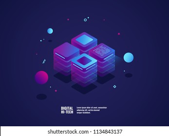 Digital business concept, server room, datacenter and database icon, technology object, web hosting and virtual server rent, neon lighting lements isometric vector illustration, dark ultraviolet