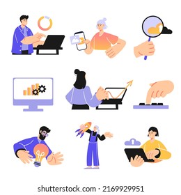 Digital business concept set in flat design. Man and woman analyzing, generate ideas, launch startup, promote in social networks, use cloud tech. Vector illustration with pack of people scenes for web - Powered by Shutterstock - Get 15% off with code: PIKWIZARD15