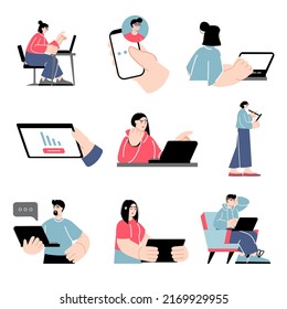 Digital business concept set in flat design. Man and woman working, making marketing research, promotion, seo analysis, communicate with clients. Vector illustration with pack of people scenes for web