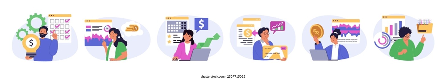 Digital business concept set in flat design for web. Collection with people create content plan, analyzing data, using marketing tools for increasing profits, attracting clients. Vector illustration.