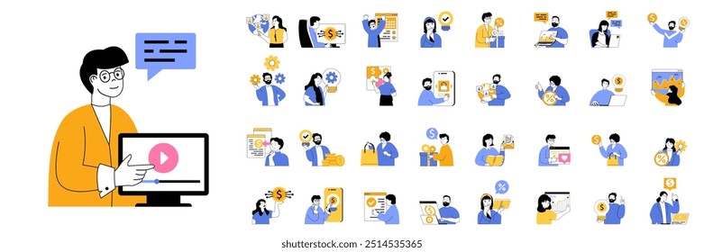 Digitales Geschäftskonzept im flachen Design für das Web. Bündeln Sie Situationen mit Mitarbeitern, die Content-Pläne erstellen, Daten analysieren und Marketingtools verwenden, um globale Kunden anzulocken. Vektorgrafiken.