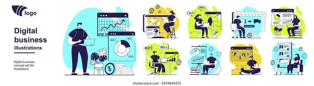 Concepto de negocio digital establecido para el Diseño web. Colección con las personas analizan los datos financieros en el gráfico, trabajando en la tienda en línea y la venta de productos, Clientes que compran con la entrega. Ilustración vectorial.