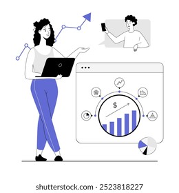 Digital business concept. Woman creating business plan, develop strategy and invests. Vector illustration with line people for web design.	
