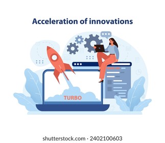 Digital Business concept. Woman integrates advanced technology for rapid corporate growth. Boosting productivity through innovation. Flat vector illustration.