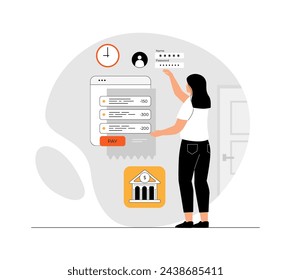 Digital business concept. Woman work with virtual transactions. Management, planning, banking online. Illustration with people scene in flat design for website and mobile development.	
