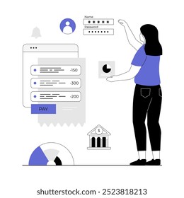 Digital business concept. Woman work with virtual transactions. Management, planning, banking online. Vector illustration with line people for web design.	

