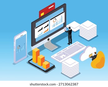 Análisis de datos empresariales digitales y panel de informes financieros Ilustración vectorial 3D