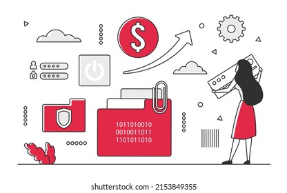 Digital business data information. Folder statistics storage, financial audit reporting documents vector monocolor illustration