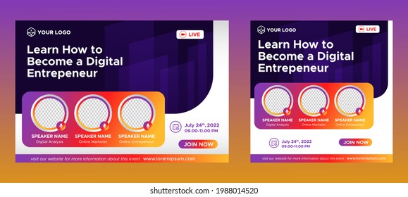 Digital Business Entrepeneur live webinar banner invitation and social media post template. Business webinar invitation design. Vector EPS	