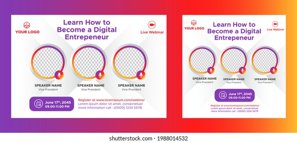 Digital Business Entrepeneur live webinar banner invitation and social media post template. Business webinar invitation design. Vector EPS	