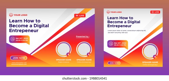 Digital Business Entrepeneur live webinar banner invitation and social media post template. Business webinar invitation design. Vector EPS	