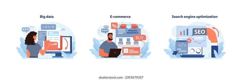 Digital Business essentials. Harnessing big data, streamlining e-commerce, and mastering SEO. Key elements for a robust online presence. Flat vector illustration.