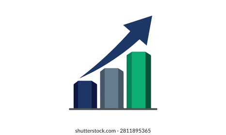 Digital business graph with vibrant bars and arrow indicating growth and upward trend for strategy and analytics representation