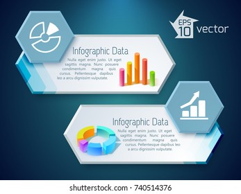 Digital business horizontal banners with text 3d colorful graphs diagram and icons on hexagons vector illustration