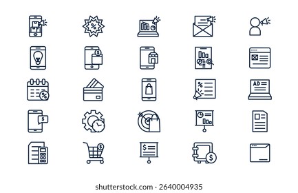 Digital business icon illustrating online commerce, modern technology, and virtual enterprise in outline style