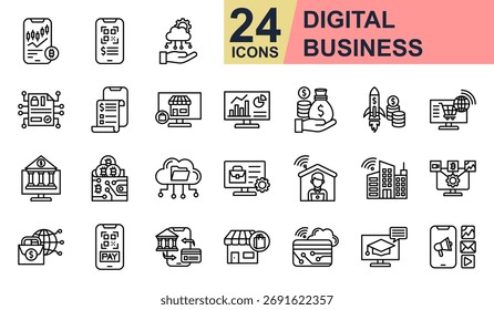 Iconos de negocios digitales establecen la Ilustración vectorial. Contiene comercio en línea, pago móvil, servicio en la nube, tienda en línea, aplicación comercial y más. Colección de iconos de línea simple.