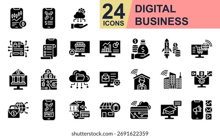 Ícones de negócios digitais definem ilustração vetorial. Contendo negociação on-line, pagamento móvel, serviço em nuvem, loja on-line, aplicação de negócios e muito mais. Coleção de ícones de glifo simples.