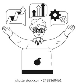 Digital business illustration guy working on computer online business