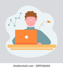 digital business illustration, simple with man plays on the computer